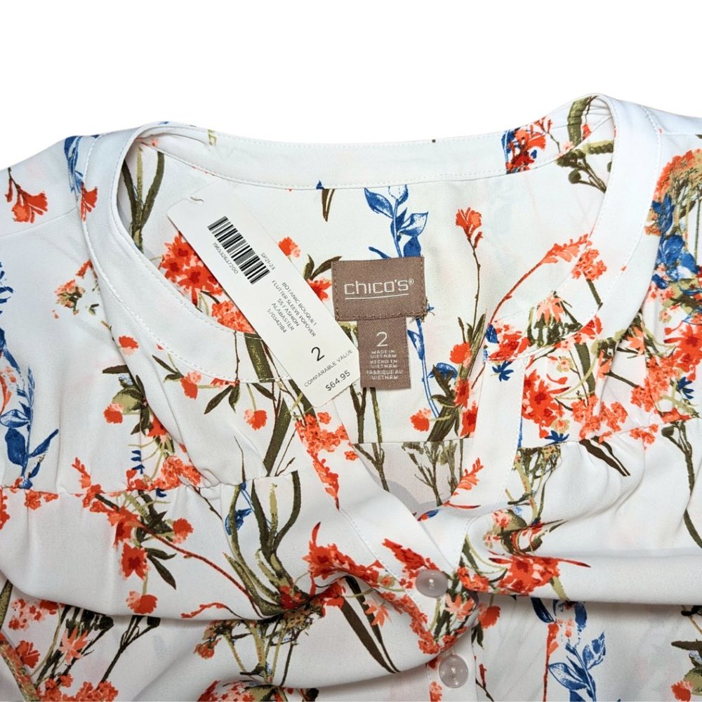 Chico's 2 (XL) NWT White Floral Short Sleeve Button Front V-Neck Blouse - Picture 7 of 9